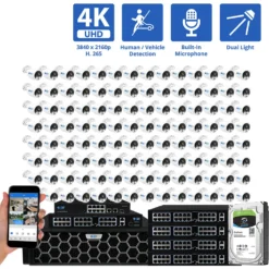 128 Channel NVR Security Camera System with 128 * 8MP 4K IP POE 2.8mm Fixed Lens Bullet Security Cameras, Dual Light, Human/Vehicle Detection, Face Recognition, Area Intrusion, Built-In Mic, PoE, Acu-Search