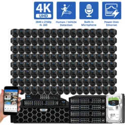 128 Channel NVR Security Camera System with 128 * 4K IP POE 2.8mm Fixed Lens Black Dome Security Cameras, Human/Vehicle Detection, Face Recognition, Area Intrusion, Built-In Mic, PoE, Acu-Search
