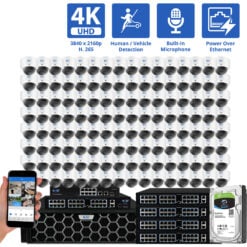 128 Channel NVR Security Camera System with 128 * 8MP 4K IP POE 2.8mm Fixed Lens Dome Security Cameras, Human/Vehicle Detection, Face Recognition, Area Intrusion, Built-In Mic, PoE, Acu-Search