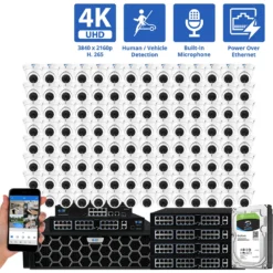 128 Channel NVR Security Camera System with 128 * 8MP 4K IP POE 2.8mm Fixed Lens Turret Security Cameras, Human/Vehicle Detection, Face Recognition, Area Intrusion, Built-In Mic, PoE, Acu-Search