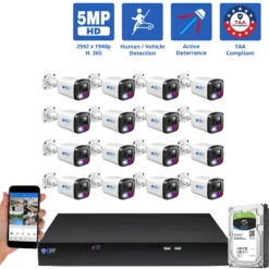 16 Channel NVR Security Camera System with 16 * 5MP HD IP POE 2.8mm Fixed Lens Bullet Smart Dual Light Active Deterrence Security Cameras, TAA Compliant, Human / Vehicle Detection, Face Recognition, Smart AI Analytics, Built In Mic