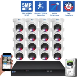 16 Channel NVR Security Camera System with 16 * 5MP HD IP POE 2.8mm Fixed Lens Turret Smart Dual Light Active Deterrence Security Camera, TAA Compliant, Human / Vehicle Detection, Face Recognition, Smart AI Analytics, Built In Mic