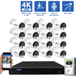 16 Channel NVR Security Camera System with 16 * 8MP 4K IP POE 2.8mm Fixed Lens Bullet Security Cameras, Dual Light, Human/Vehicle Detection, Face Recognition, Area Intrusion, Built-In Mic, PoE, Acu-Search
