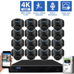 16 Channel NVR Security Camera System with 16 * 4K IP POE 2.8mm Fixed Lens Black Dome Security Cameras, Human/Vehicle Detection, Face Recognition, Area Intrusion, Built-In Mic, PoE, Acu-Search