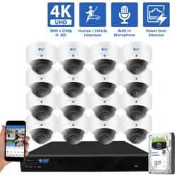 16 Channel NVR Security Camera System with 16 * 8MP 4K IP POE 2.8mm Fixed Lens Dome Security Cameras, Human/Vehicle Detection, Face Recognition, Area Intrusion, Built-In Mic, PoE, Acu-Search