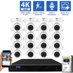 16 Channel NVR Security Camera System with 16 * 8MP 4K IP POE 2.8mm Fixed Lens Turret Security Cameras, Human/Vehicle Detection, Face Recognition, Area Intrusion, Built-In Mic, PoE, Acu-Search