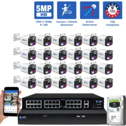 32 Channel NVR Security Camera System with 24 * 5MP HD IP POE 2.8mm Fixed Lens Bullet Smart Dual Light Active Deterrence Security Cameras, TAA Compliant, Human / Vehicle Detection, Face Recognition, Smart AI Analytics, Built In Mic