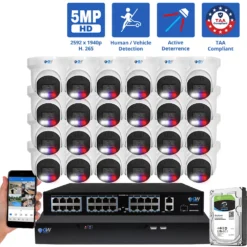 32 Channel NVR Security Camera System with 24 * 5MP HD IP POE 2.8mm Fixed Lens Turret Smart Dual Light Active Deterrence Security Camera, TAA Compliant, Human / Vehicle Detection, Face Recognition, Smart AI Analytics, Built In Mic