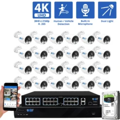 32 Channel NVR Security Camera System with 24 * 8MP 4K IP POE 2.8mm Fixed Lens Bullet Security Cameras, Dual Light, Human/Vehicle Detection, Face Recognition, Area Intrusion, Built-In Mic, PoE, Acu-Search
