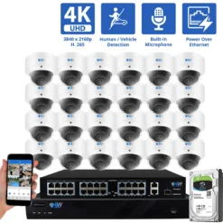 32 Channel NVR Security Camera System with 24 * 8MP 4K IP POE 2.8mm Fixed Lens Dome Security Cameras, Human/Vehicle Detection, Face Recognition, Area Intrusion, Built-In Mic, PoE, Acu-Search