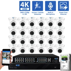 32 Channel NVR Security Camera System with 24 * 8MP 4K IP POE 2.8mm Fixed Lens Turret Security Cameras, Human/Vehicle Detection, Face Recognition, Area Intrusion, Built-In Mic, PoE, Acu-Search