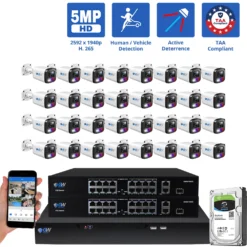 32 Channel NVR Security Camera System with 32 * 5MP HD IP POE 2.8mm Fixed Lens Bullet Smart Dual Light Active Deterrence Security Cameras, TAA Compliant, Human / Vehicle Detection, Face Recognition, Smart AI Analytics, Built In Mic