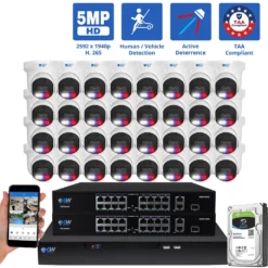32 Channel NVR Security Camera System with 32 * 5MP HD IP POE 2.8mm Fixed Lens Turret Smart Dual Light Active Deterrence Security Camera, TAA Compliant, Human / Vehicle Detection, Face Recognition, Smart AI Analytics, Built In Mic