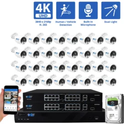 32 Channel NVR Security Camera System with 32 * 8MP 4K IP POE 2.8mm Fixed Lens Bullet Security Cameras, Dual Light, Human/Vehicle Detection, Face Recognition, Area Intrusion, Built-In Mic, PoE, Acu-Search