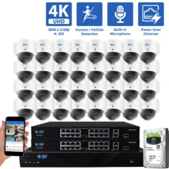 32 Channel NVR Security Camera System with 32 * 8MP 4K IP POE 2.8mm Fixed Lens Dome Security Cameras, Human/Vehicle Detection, Face Recognition, Area Intrusion, Built-In Mic, PoE, Acu-Search