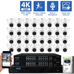 32 Channel NVR Security Camera System with 32 * 8MP 4K IP POE 2.8mm Fixed Lens Turret Security Cameras, Human/Vehicle Detection, Face Recognition, Area Intrusion, Built-In Mic, PoE, Acu-Search