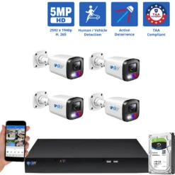 8 Channel NVR Security Camera System with 4 * 5MP HD IP POE 2.8mm Fixed Lens Bullet Smart Dual Light Active Deterrence Security Cameras, TAA Compliant, Human / Vehicle Detection, Face Recognition, Smart AI Analytics, Built In Mic