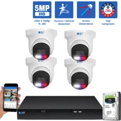 8 Channel NVR Security Camera System with 4 * 5MP HD IP POE 2.8mm Fixed Lens Turret Smart Dual Light Active Deterrence Security Camera, TAA Compliant, Human / Vehicle Detection, Face Recognition, Smart AI Analytics, Built In Mic