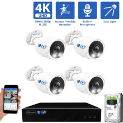 8 Channel NVR Security Camera System with 4 * 8MP 4K IP POE 2.8mm Fixed Lens Bullet Security Cameras, Dual Light, Human/Vehicle Detection, Face Recognition, Area Intrusion, Built-In Mic, PoE, Acu-Search