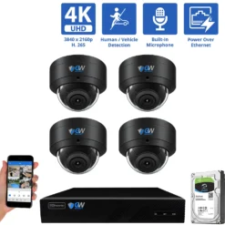 8 Channel NVR Security Camera System with 4 * 4K IP POE 2.8mm Fixed Lens Black Dome Security Cameras, Human/Vehicle Detection, Face Recognition, Area Intrusion, Built-In Mic, PoE, Acu-Search