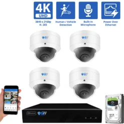 8 Channel NVR Security Camera System with 4 * 8MP 4K IP POE 2.8mm Fixed Lens Dome Security Cameras, Human/Vehicle Detection, Face Recognition, Area Intrusion, Built-In Mic, PoE, Acu-Search