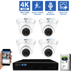 8 Channel NVR Security Camera System with 4 * 8MP 4K IP POE 2.8mm Fixed Lens Turret Security Cameras, Human/Vehicle Detection, Face Recognition, Area Intrusion, Built-In Mic, PoE, Acu-Search