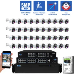 64 Channel NVR Security Camera System with 40 * 5MP HD IP POE 2.8mm Fixed Lens Bullet Smart Dual Light Active Deterrence Security Cameras, TAA Compliant, Human / Vehicle Detection, Face Recognition, Smart AI Analytics, Built In Mic