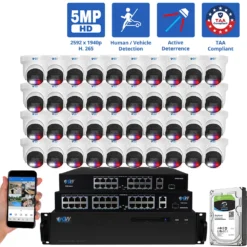 64 Channel NVR Security Camera System with 40 * 5MP HD IP POE 2.8mm Fixed Lens Turret Smart Dual Light Active Deterrence Security Camera, TAA Compliant, Human / Vehicle Detection, Face Recognition, Smart AI Analytics, Built In Mic