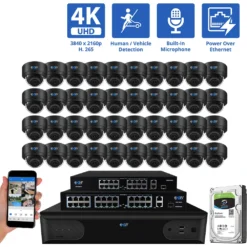 64 Channel NVR Security Camera System with 40 * 4K IP POE 2.8mm Fixed Lens Black Dome Security Cameras, Human/Vehicle Detection, Face Recognition, Area Intrusion, Built-In Mic, PoE, Acu-Search