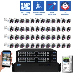 64 Channel NVR Security Camera System with 48 * 5MP HD IP POE 2.8mm Fixed Lens Bullet Smart Dual Light Active Deterrence Security Cameras, TAA Compliant, Human / Vehicle Detection, Face Recognition, Smart AI Analytics, Built In Mic