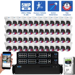 64 Channel NVR Security Camera System with 48 * 5MP HD IP POE 2.8mm Fixed Lens Turret Smart Dual Light Active Deterrence Security Camera, TAA Compliant, Human / Vehicle Detection, Face Recognition, Smart AI Analytics, Built In Mic