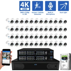 64 Channel NVR Security Camera System with 48 * 8MP 4K IP POE 2.8mm Fixed Lens Bullet Security Cameras, Dual Light, Human/Vehicle Detection, Face Recognition, Area Intrusion, Built-In Mic, PoE, Acu-Search