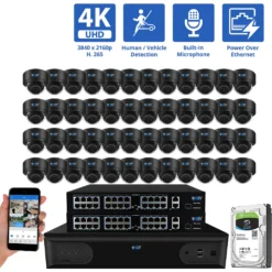 64 Channel NVR Security Camera System with 48 * 4K IP POE 2.8mm Fixed Lens Black Dome Security Cameras, Human/Vehicle Detection, Face Recognition, Area Intrusion, Built-In Mic, PoE, Acu-Search