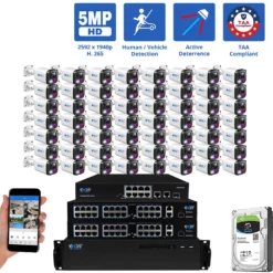 64 Channel NVR Security Camera System with 56 * 5MP HD IP POE 2.8mm Fixed Lens Bullet Smart Dual Light Active Deterrence Security Cameras, TAA Compliant, Human / Vehicle Detection, Face Recognition, Smart AI Analytics, Built In Mic