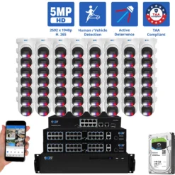 64 Channel NVR Security Camera System with 56 * 5MP HD IP POE 2.8mm Fixed Lens Turret Smart Dual Light Active Deterrence Security Camera, TAA Compliant, Human / Vehicle Detection, Face Recognition, Smart AI Analytics, Built In Mic