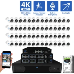 64 Channel NVR Security Camera System with 56 * 8MP 4K IP POE 2.8mm Fixed Lens Bullet Security Cameras, Dual Light, Human/Vehicle Detection, Face Recognition, Area Intrusion, Built-In Mic, PoE, Acu-Search