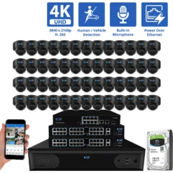 64 Channel NVR Security Camera System with 56 * 4K IP POE 2.8mm Fixed Lens Black Dome Security Cameras, Human/Vehicle Detection, Face Recognition, Area Intrusion, Built-In Mic, PoE, Acu-Search