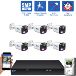 8 Channel NVR Security Camera System with 6 * 5MP HD IP POE 2.8mm Fixed Lens Bullet Smart Dual Light Active Deterrence Security Cameras, TAA Compliant, Human / Vehicle Detection, Face Recognition, Smart AI Analytics, Built In Mic