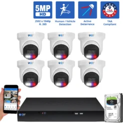 8 Channel NVR Security Camera System with 6 * 5MP HD IP POE 2.8mm Fixed Lens Turret Smart Dual Light Active Deterrence Security Camera, TAA Compliant, Human / Vehicle Detection, Face Recognition, Smart AI Analytics, Built In Mic