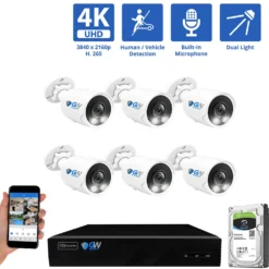 8 Channel NVR Security Camera System with 6 * 8MP 4K IP POE 2.8mm Fixed Lens Bullet Security Cameras, Dual Light, Human/Vehicle Detection, Face Recognition, Area Intrusion, Built-In Mic, PoE, Acu-Search