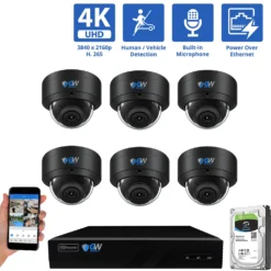 8 Channel NVR Security Camera System with 6 * 4K IP POE 2.8mm Fixed Lens Black Dome Security Cameras, Human/Vehicle Detection, Face Recognition, Area Intrusion, Built-In Mic, PoE, Acu-Search