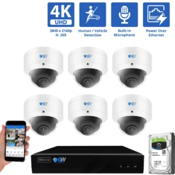 8 Channel NVR Security Camera System with 6 * 8MP 4K IP POE 2.8mm Fixed Lens Dome Security Cameras, Human/Vehicle Detection, Face Recognition, Area Intrusion, Built-In Mic, PoE, Acu-Search