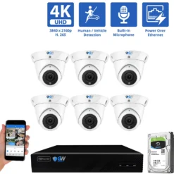 8 Channel NVR Security Camera System with 6 * 8MP 4K IP POE 2.8mm Fixed Lens Turret Security Cameras, Human/Vehicle Detection, Face Recognition, Area Intrusion, Built-In Mic, PoE, Acu-Search