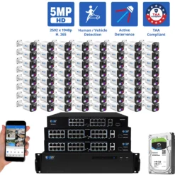 64 Channel NVR Security Camera System with 64 * 5MP HD IP POE 2.8mm Fixed Lens Bullet Smart Dual Light Active Deterrence Security Cameras, TAA Compliant, Human / Vehicle Detection, Face Recognition, Smart AI Analytics, Built In Mic