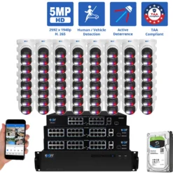 64 Channel NVR Security Camera System with 64 * 5MP HD IP POE 2.8mm Fixed Lens Turret Smart Dual Light Active Deterrence Security Camera, TAA Compliant, Human / Vehicle Detection, Face Recognition, Smart AI Analytics, Built In Mic