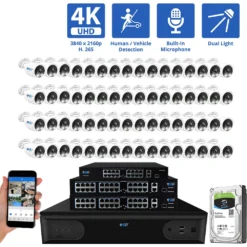 64 Channel NVR Security Camera System with 64 * 8MP 4K IP POE 2.8mm Fixed Lens Bullet Security Cameras, Dual Light, Human/Vehicle Detection, Face Recognition, Area Intrusion, Built-In Mic, PoE, Acu-Search