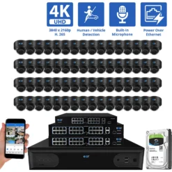 64 Channel NVR Security Camera System with 64 * 4K IP POE 2.8mm Fixed Lens Black Dome Security Cameras, Human/Vehicle Detection, Face Recognition, Area Intrusion, Built-In Mic, PoE, Acu-Search