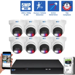 8 Channel NVR Security Camera System with 8 * 5MP HD IP POE 2.8mm Fixed Lens Turret Smart Dual Light Active Deterrence Security Camera, TAA Compliant, Human / Vehicle Detection, Face Recognition, Smart AI Analytics, Built In Mic