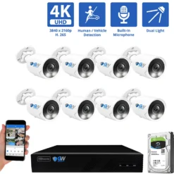 8 Channel NVR Security Camera System with 8 * 8MP 4K IP POE 2.8mm Fixed Lens Bullet Security Cameras, Dual Light, Human/Vehicle Detection, Face Recognition, Area Intrusion, Built-In Mic, PoE, Acu-Search