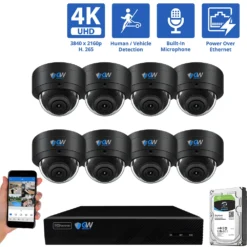 8 Channel NVR Security Camera System with 8 * 4K IP POE 2.8mm Fixed Lens Black Dome Security Cameras, Human/Vehicle Detection, Face Recognition, Area Intrusion, Built-In Mic, PoE, Acu-Search